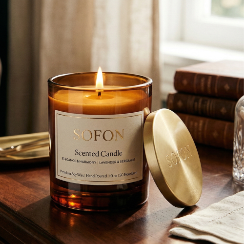 SOFON Lavender & Bergamot Luxury Scented Candle in Amber Bottle